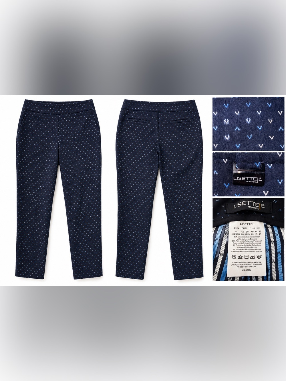 Lisette L Montréal Navy Geometric Print Pants – Size 8 – Made in Canada